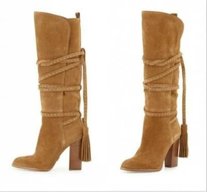 Women's Suede Leather Mid Calf Boots Block Heel Pull On Shoes Oversize Fashion - Picture 1 of 13