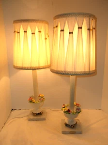 2-VINTAGE MID-CENTURY PORCELAIN w/Roses Marble base Lamps W/silk type shades - Picture 1 of 20