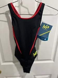 NWT MICHAEL PHELPS MP Women's Swimsuit Black Red Comp Back Splice US Size 26 - Picture 1 of 7
