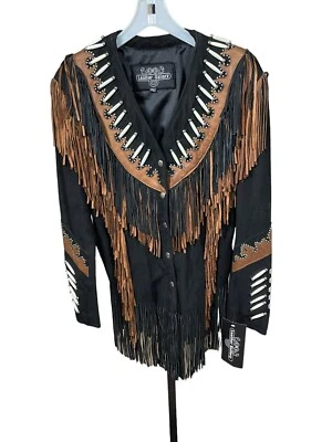 Chaqueta De Colección Galería De Cuero Negra Gamuza y Cuero Flecos Imitación Hueso Cuentas Nueva Con Etiquetas XL Foto 1 de 4