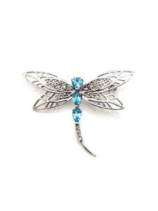 Heng Ngai 10K White Gold Dragonfly Brooch with Aquamarine & Diamonds, 3.4 Grams - Picture 1 of 8