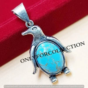 Tiny Turquoise Gemstone 925 Sterling Silver Plated Handmade Penguin 1 PC Pendant - Picture 1 of 3
