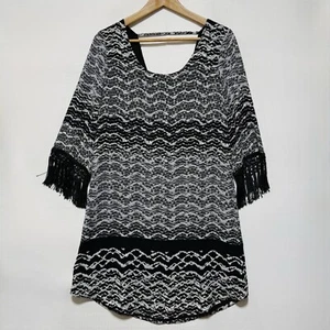 Karen Kane Women's Boho Fringe Cuff Print Scoop Back Lined Mini Dress Sz S - Picture 1 of 11