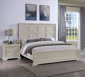 Beautiful 3Pc White Cream Finish Bedroom Furniture King Size Panel Bed Set - Picture 1 of 8
