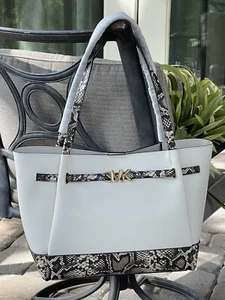 MICHAEL KORS REED LARGE BELTED TOTE CREAM SNAKE LEATHER SHOULDER BAG PURSE MK - Picture 1 of 11