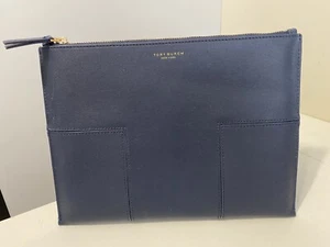 New? EXCELLENT COND! Tory Burch Blue Block-T Leather Clutch Medium Travel Pouch - Picture 1 of 8