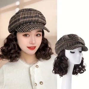 12" Curly Beret Hat Houndstooth Pattern Synthetic Hair Vintage Octagonal Cap - Picture 1 of 15