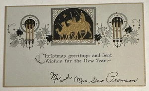 Tarjeta de Navidad Art Deco vintage - Tres Reyes Magos y velas de colores y acebo - Imagen 1 de 2