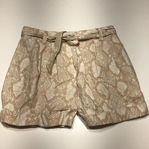 Worthington Shorts Womens Sz 10 Belted Cuffed Snake Print Tan White Linen Blend - Picture 1 of 12