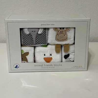 Juego de 5 sonajeros de felpa bloques suaves Pottery Barn Kids Animal Friends NUEVO Foto 1 de 4