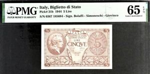 Italy 5 Lire Pick# 31b 1944 PMG 65 EPQ Gem Unc Banknote
