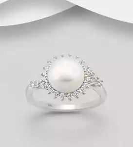 Anello in argento sterling con pavè di zirconi e perle d'acqua dolce. Donna taglie 7 e 8 - Foto 1 di 1