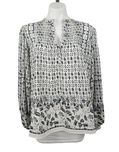 Rose + Olive Peasant Style V-neck Long Sleeve Top Cream Multilcolor L - Picture 1 of 9