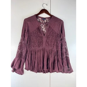 American Eagle Lace Inset Peasant Top Long Sleeve Blouse Maroon Size M - Picture 1 of 12