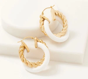 Adorna 14K Gold Electroform White Agate Hoop Earrings 1" (QVC $154) - Picture 1 of 1
