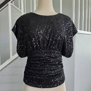 Nicole Miller schwarze Damenbluse Pailletten geraffte Taille Größe Medium neu mit Etikett - Bild 1 von 11