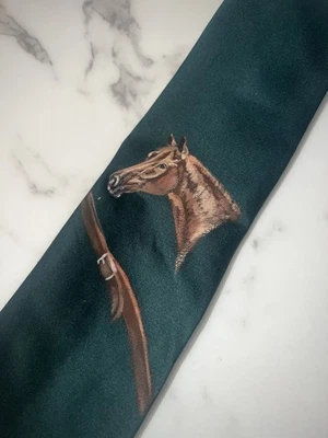 Vintage late 60s   Tie Hand Painted HORSE EQUESTRIAN POLO Theme  Forest Green 4" - Image 1 of 4