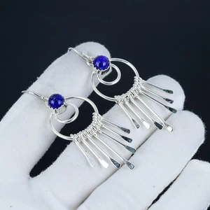 Lapis Lazuli Gemstone Handmade 925 Sterling Silver Jewelry Earring Size-2" - Picture 1 of 3
