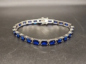 Bracciale Taglio Smeraldo Blu Creato in Laboratorio Spinello Rodiato .925 8" SZH183-8 - Foto 1 di 10