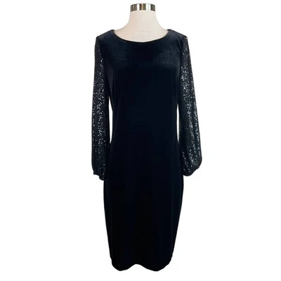 Alex Evenings Women's Cocktail Dress Size 14W Black Velvet Sequin Sleeve Sheath - Image 1 of 4