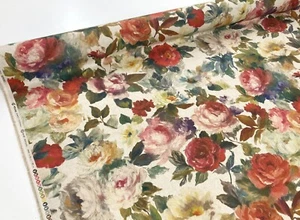 Tela de cortina de rosas primavera floral vintage pintura al óleo aspecto lino rico en algodón - Imagen 1 de 14