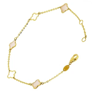 Italian 14k Yellow Gold Pearl Flower Charm Station Bracelet 7.5" 10.3mm 1.8 gram - Picture 1 of 3