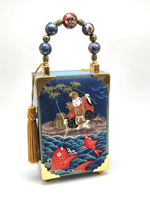 Hand Made Cigar Box Purse Handbag Gran Habano Blue Gold Fabric Metal Hardware - Image 1 of 4