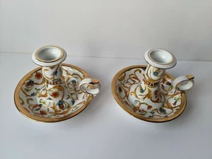 Limoges Frankreich Peint A LaMain Porzellan Kerzenhalter Paar handbemalt 4 1/2" T - Bild 1 von 10