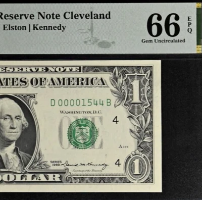 1969 $1 Federal Reserve Note - PMG 66EPQ - Birthday - Low Serial Number 00001544 - Image 1 of 3