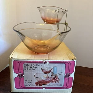 Set insalata vintage Indiana Glass 3 pezzi Rubino Chip & Dip #0519 con scatola originale - mancante - Foto 1 di 7