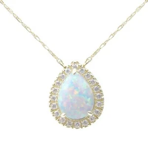Brilliance Fine Jewelry 10k Yellow Gold Pear Shaped Created Opal & CZ Necklace - Picture 1 of 1