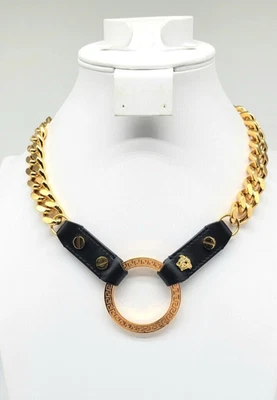Versace Greca + Medusa Pendant with Leather on Chunky HEAVY Gold Curb Chain - Image 1 of 4