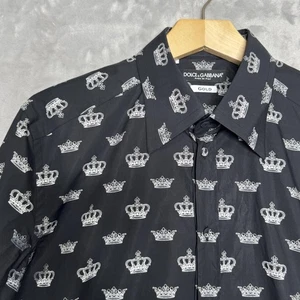 Dolce & Gabbana Gold Shirt Mens 16 41 Black Crown Print Button Up Italy Cotton - Picture 1 of 14