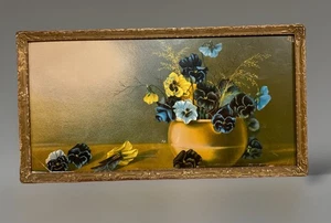 Vintage 9x17” Pansy Still Life Floral Litho Print W/Antique Frame & Glass - Picture 1 of 9