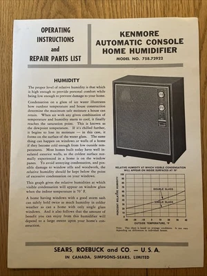 vintage kenmore humidifier Model 758.72922 Manual  - Image 1 of 2