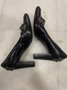 Tod's Patent Heels Black Size 8 Lizard Block Heel Square Toe - Picture 1 of 5