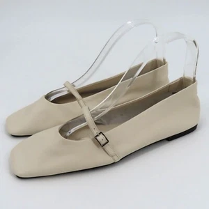 Zara 8 US 39 EU Women Off White Leather Silver Buckle Square Toe Ballet Flat Sho - Picture 1 of 16