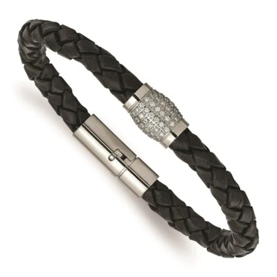 Titanium Polished CZs Black Leather Bracelet - Image 1 of 4