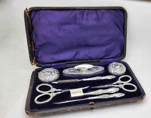 ANTIQUE 1894 LEVI & SALAMAN STERLING SILVER TRAVEL VANITY PILL BOX NAIL SET,CASE - Picture 1 of 12