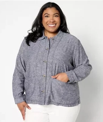 Denim Co Natural Linen Blend Cross Hatch Topper Womens Size XL Black Long Sleeve - Imagem 1 de 4