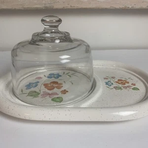 Unique vintage cheese and cracker tray glass cover Pottery Craft Made In USA - Picture 1 of 7