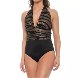 Nuevo con etiquetas Precio de venta sugerido por el fabricante $154 - traje mágico Shine On Yves 1 pieza Halter, negro y dorado metálico - Imagen 1 de 2