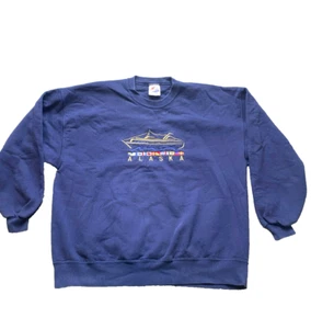 VTG Alaska Sweatshirt Adult 2X Navy Blue Fleece Sailboat Sweater Embroidered Men - Picture 1 of 7