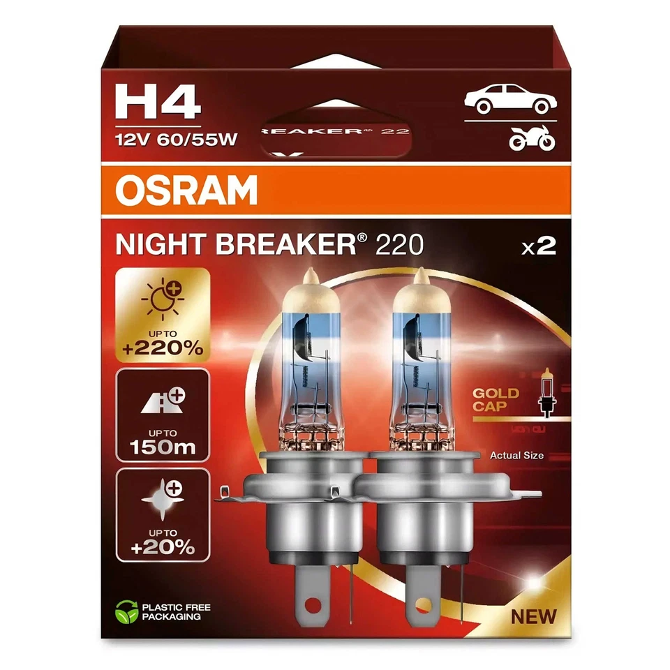 OSRAM Night Breaker 220 H4 Car Headlight Bulbs (Twin) - 220 More Light
