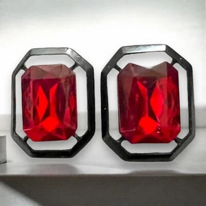 Rote Strass Ohrringe Clip On Schwarz Emaille Statement Vintage - Bild 1 von 8