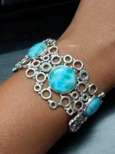 Blue Larimar Gemstone 925 Sterling Silver Filigree Cuff Bangle Bracelet Jewelry - Picture 1 of 8