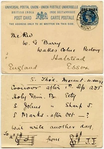 INDIA 1897 SAINT THOMAS MOUNT QV STATIONERY to REV.BARRY HALSTEAD GB +MUSIC CODE - Picture 1 of 3
