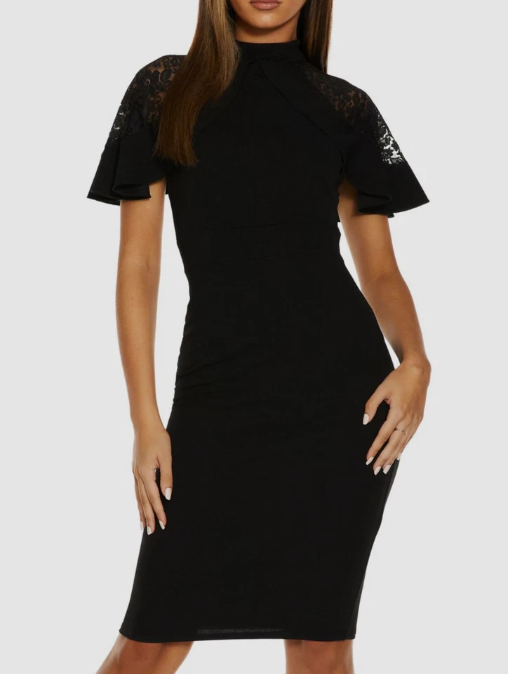 $69 Quiz Women's Black Lace-Sleeve Bodycon Dress Size 10 Foto 1 de 1