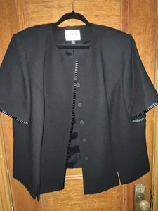 KASPER Size 22W Lined Professional Dressy Short Sleeve Black Jacket Ruffle Trim - Picture 1 of 14