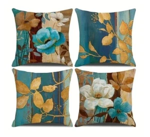 Set of 4 Floral Cushion Covers "Teal & Gold Floral" Design with Invisible Zip - Picture 1 of 6